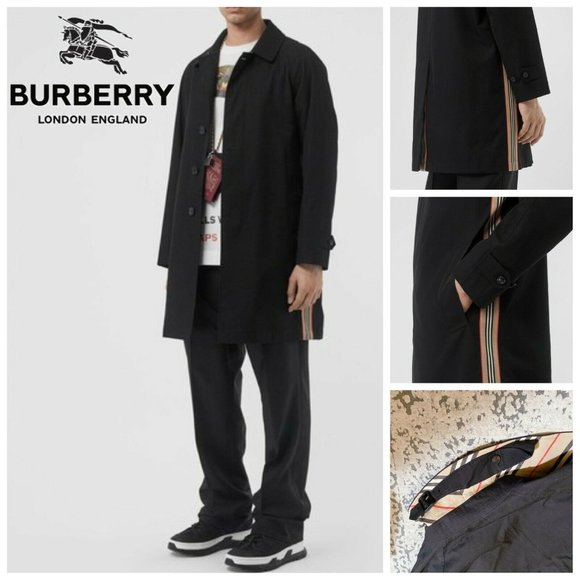 NEW BURBERRY Icon Stripe Tropical Trench Coat Gabardine Car Coat Black Size 54/L